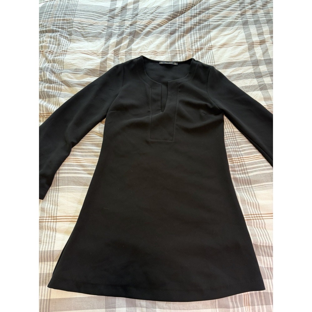 Zara Basic Black Mini Dress~S~V Neck Bell Sleeve A line Shift Retro Mod 70's - Picture 8 of 15